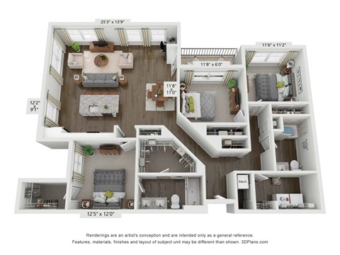 Floor plan for 3 beds, 2 baths, 1529 sqft